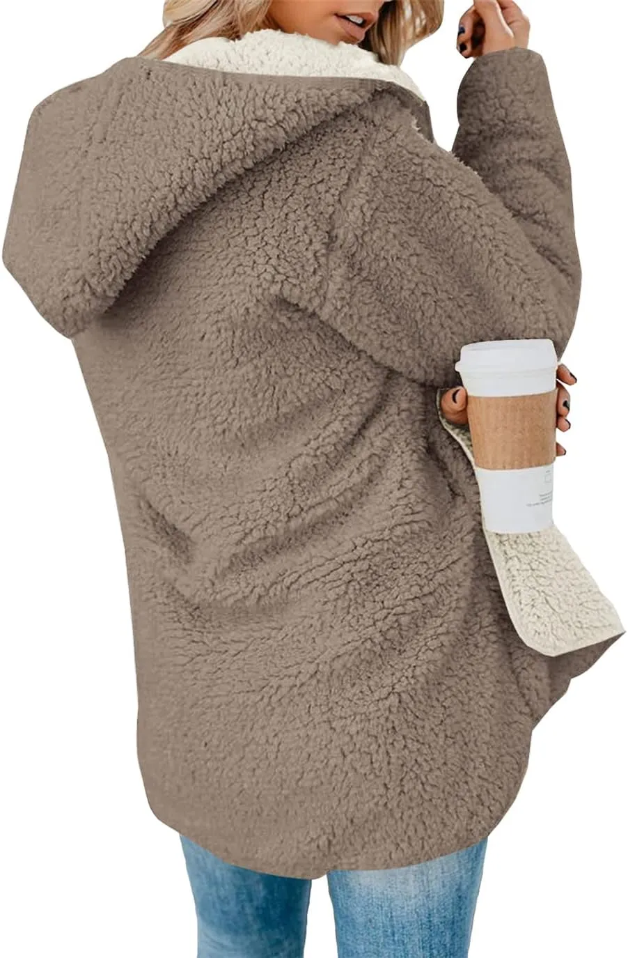 ReachMe Womens Sherpa Jacket Oversized Fleece Jacket Teddy Coats with Pockets Open Front Hooded Fuzzy Cardigan