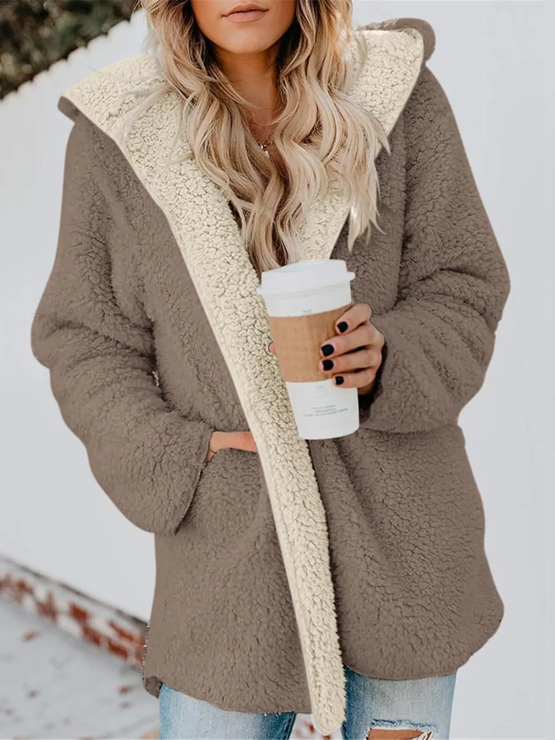 ReachMe Womens Sherpa Jacket Oversized Fleece Jacket Teddy Coats with Pockets Open Front Hooded Fuzzy Cardigan