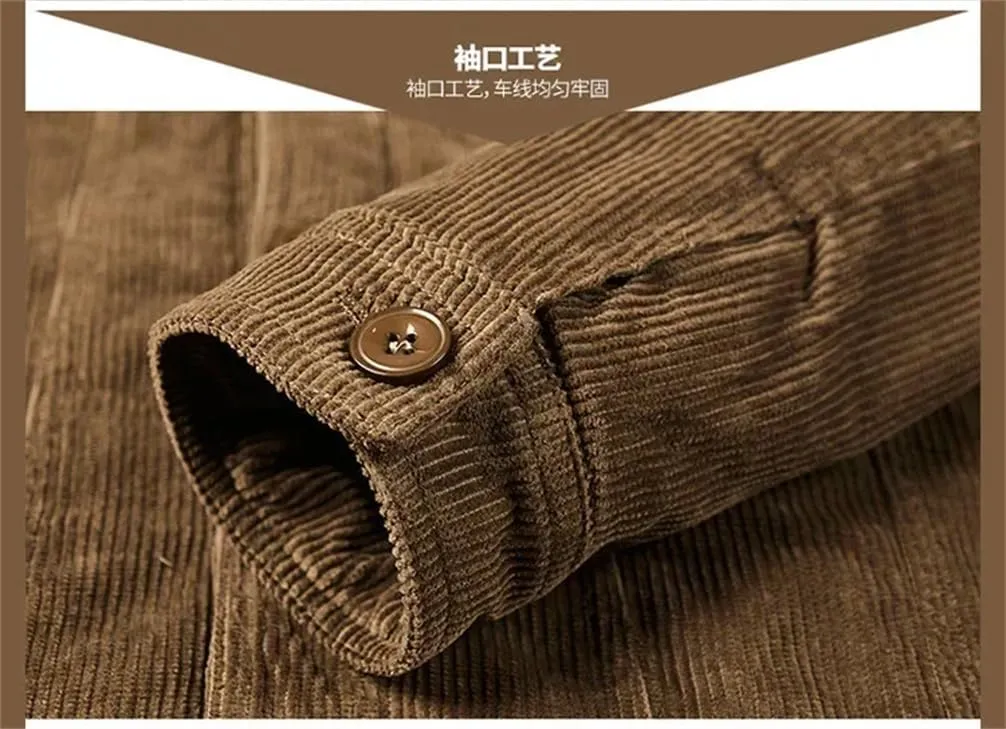 REHJJDFD Male Cotton Jackets Padded Warm Loose Parka Coat Corduroy Short Jacket Man Solid Zip Men's Casual Coat