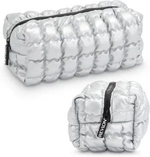 Revlon Quilted Makeup Bag - Marshmallow Quilted Makeup Pouch, Travel Makeup Organizer with Zipper, Cosmetic Bag, Mini Makeup Case, Toiletry Pouch, Lipstick, Makeup Brush Organizer Bag, Silver Metallic