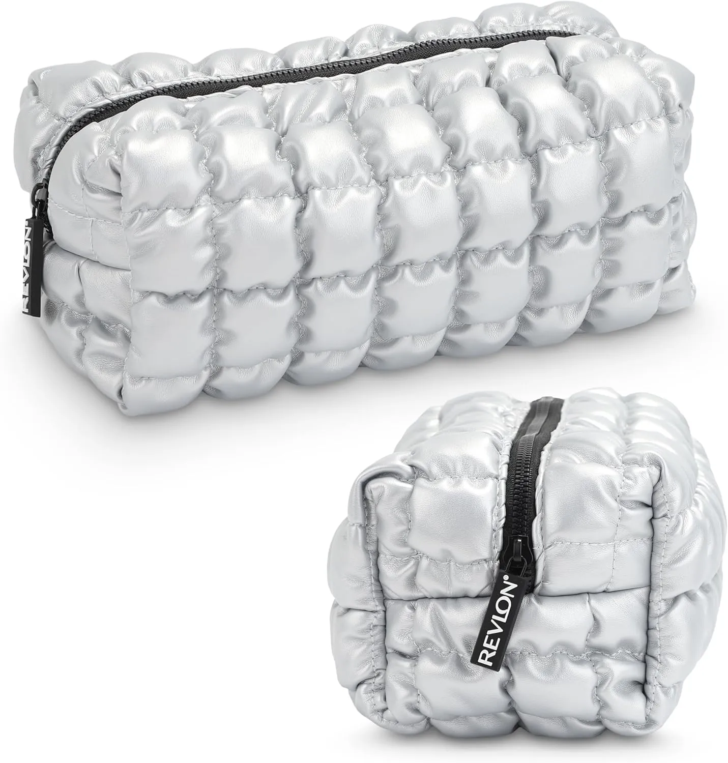 Revlon Quilted Makeup Bag - Marshmallow Quilted Makeup Pouch, Travel Makeup Organizer with Zipper, Cosmetic Bag, Mini Makeup Case, Toiletry Pouch, Lipstick, Makeup Brush Organizer Bag, Silver Metallic