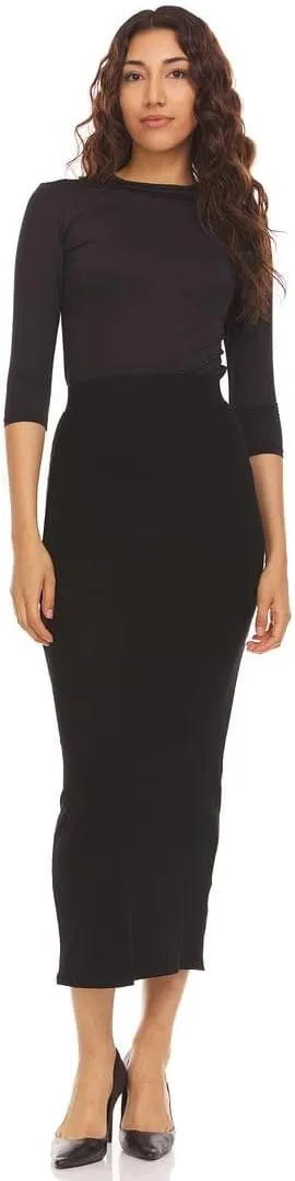 Ribbed Maxi Skirt with Elastic Waist for Women- Bodycon Office Pencil Skirt