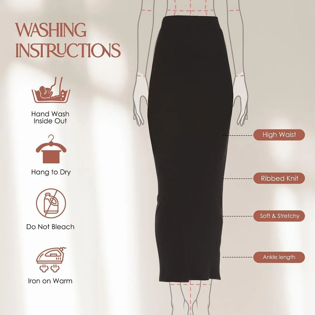 Ribbed Maxi Skirt with Elastic Waist for Women- Bodycon Office Pencil Skirt