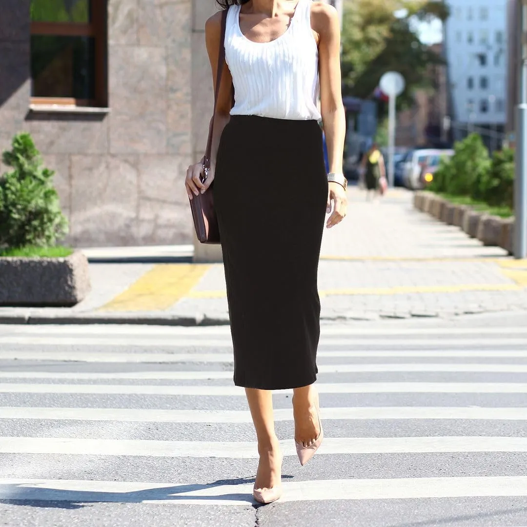 Ribbed Maxi Skirt with Elastic Waist for Women- Bodycon Office Pencil Skirt