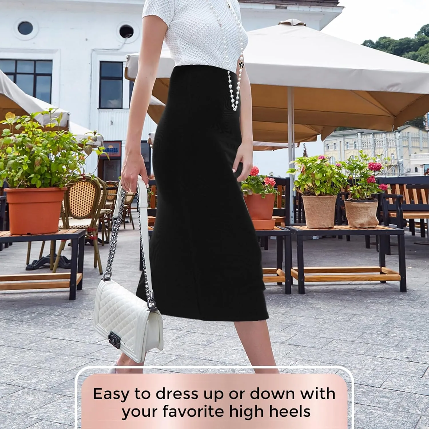 Ribbed Midi Skirt with Elastic Waist for Women- Office Pencil Skirt
