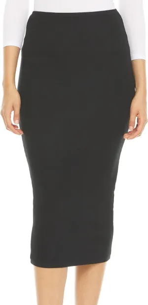 Ribbed Midi Skirt with Elastic Waist for Women- Office Pencil Skirt