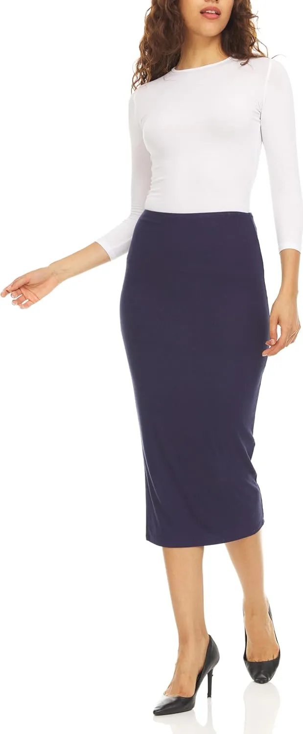 Ribbed Midi Skirt with Elastic Waist for Women- Office Pencil Skirt