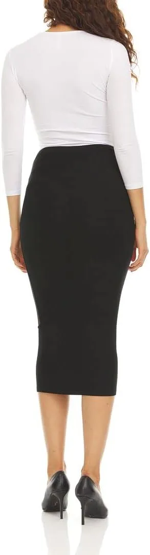 Ribbed Midi Skirt with Elastic Waist for Women- Office Pencil Skirt