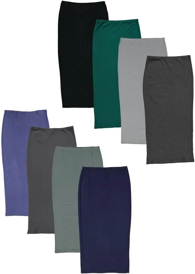 Ribbed Midi Skirt with Elastic Waist for Women- Office Pencil Skirt