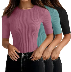 Riyiper 3 Pack Women's Half Sleeve Tops, Elbow Length Ribbed Cotton T Shirt Crew Neck Summer Tee Slim Fit Casual Blouses