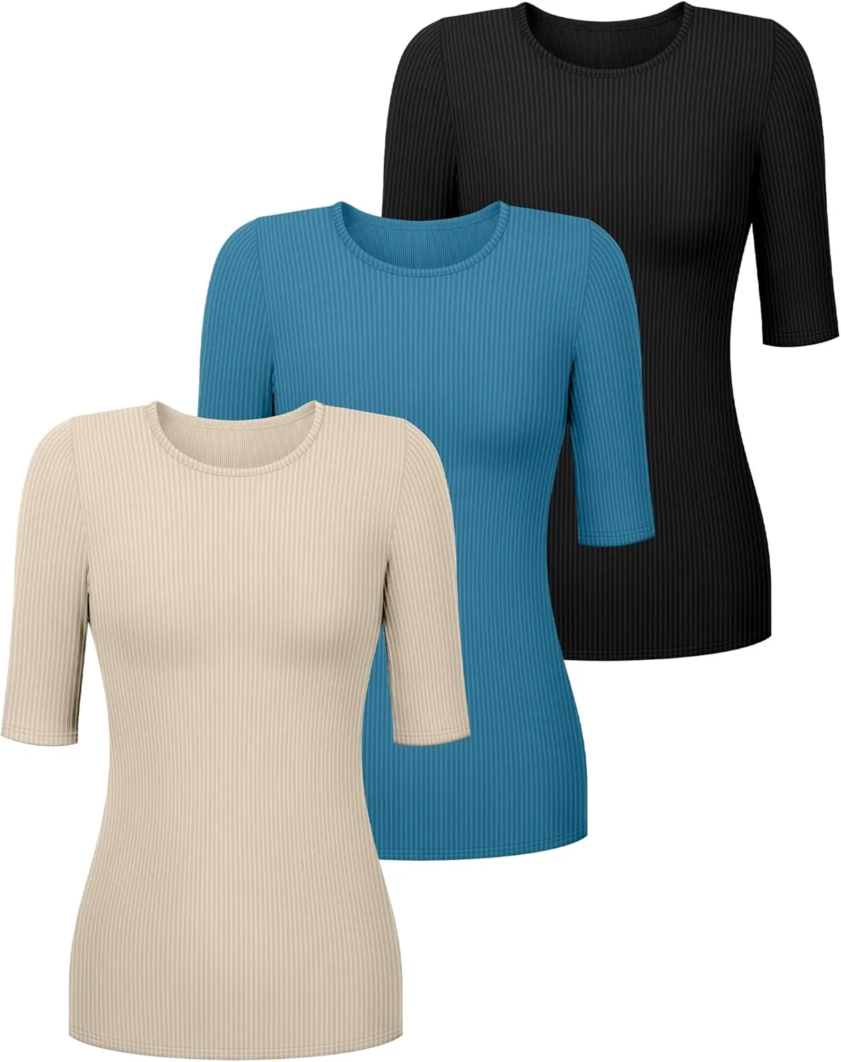 Riyiper 3 Pack Women's Half Sleeve Tops, Elbow Length Ribbed Cotton T Shirt Crew Neck Summer Tee Slim Fit Casual Blouses