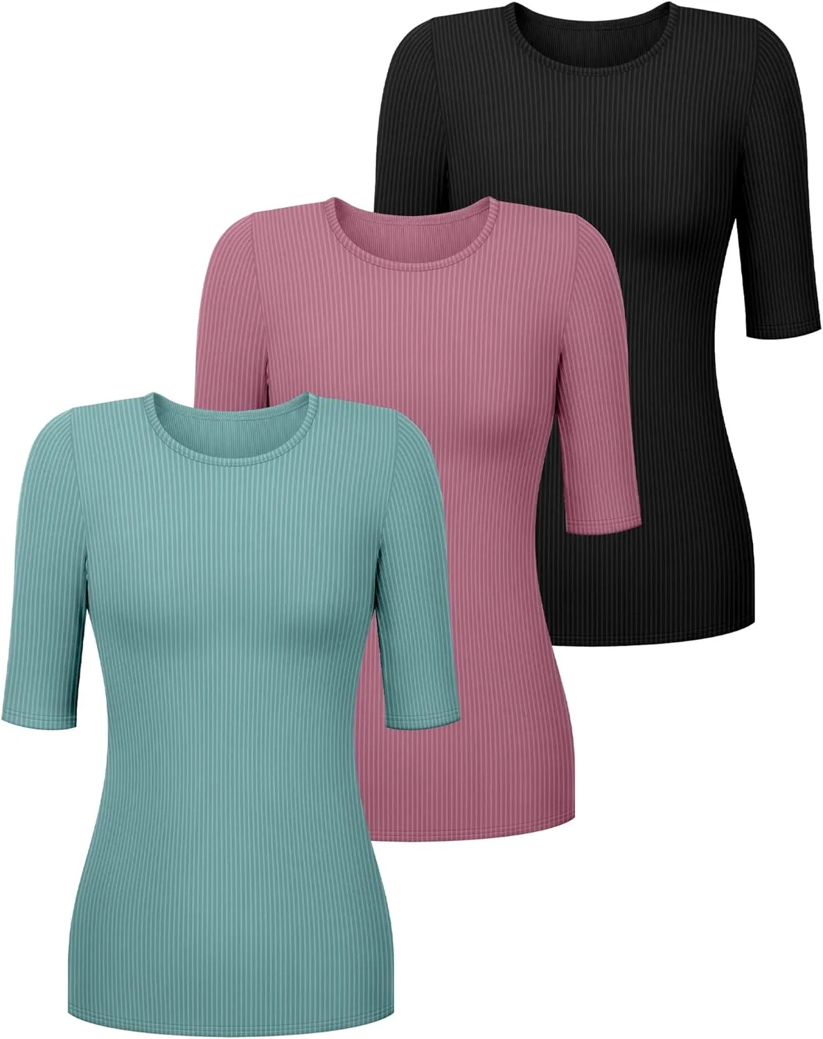 Riyiper 3 Pack Women's Half Sleeve Tops, Elbow Length Ribbed Cotton T Shirt Crew Neck Summer Tee Slim Fit Casual Blouses