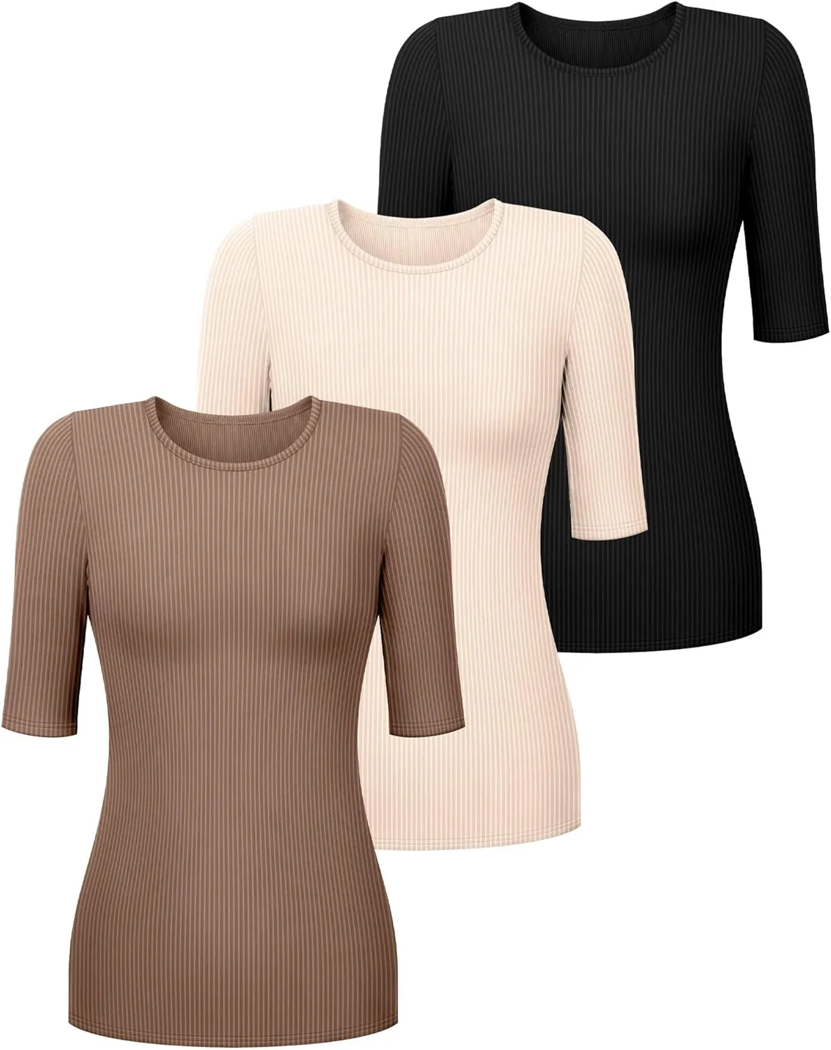 Riyiper 3 Pack Women's Half Sleeve Tops, Elbow Length Ribbed Cotton T Shirt Crew Neck Summer Tee Slim Fit Casual Blouses