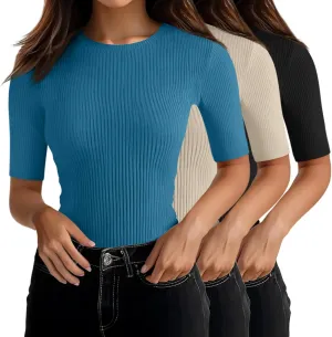 Riyiper 3 Pack Women's Half Sleeve Tops, Elbow Length Ribbed Cotton T Shirt Crew Neck Summer Tee Slim Fit Casual Blouses