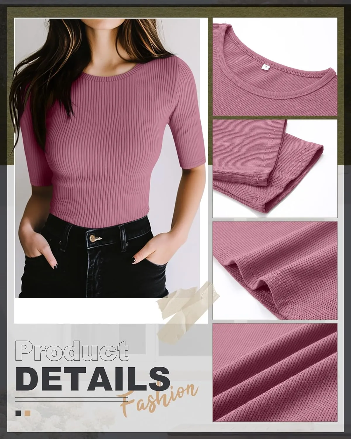 Riyiper 3 Pack Women's Half Sleeve Tops, Elbow Length Ribbed Cotton T Shirt Crew Neck Summer Tee Slim Fit Casual Blouses