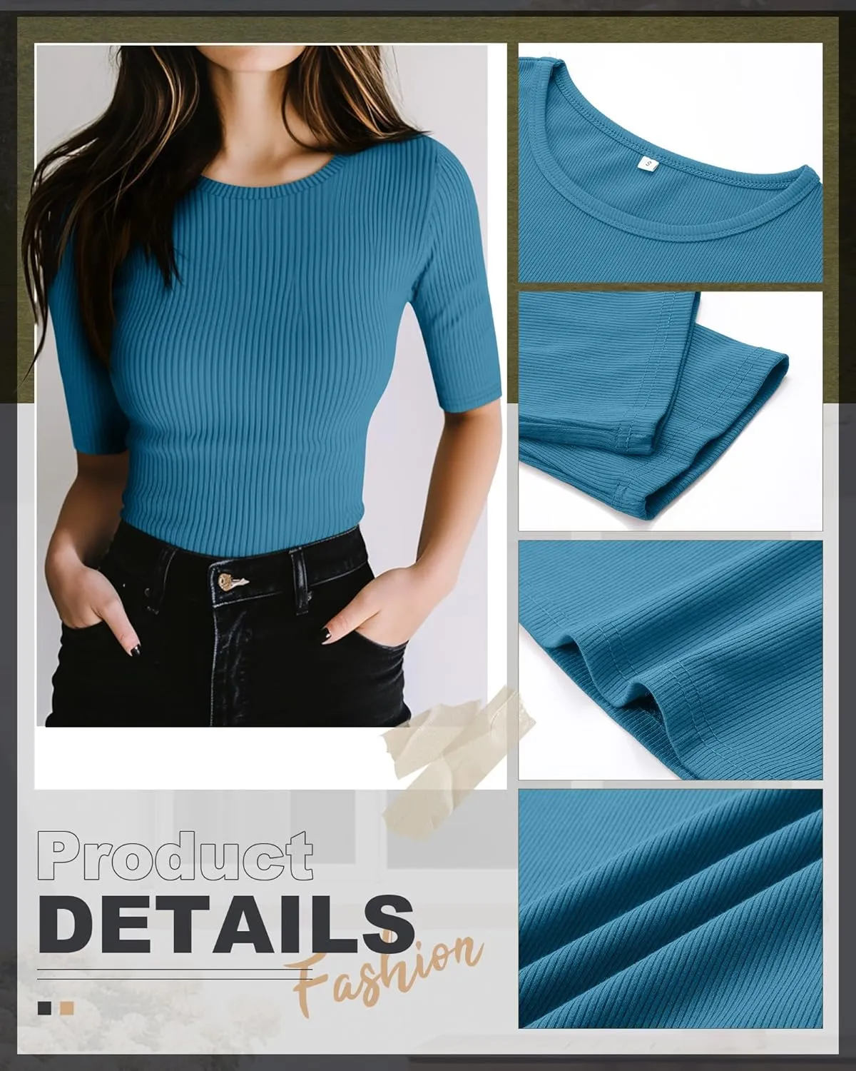 Riyiper 3 Pack Women's Half Sleeve Tops, Elbow Length Ribbed Cotton T Shirt Crew Neck Summer Tee Slim Fit Casual Blouses