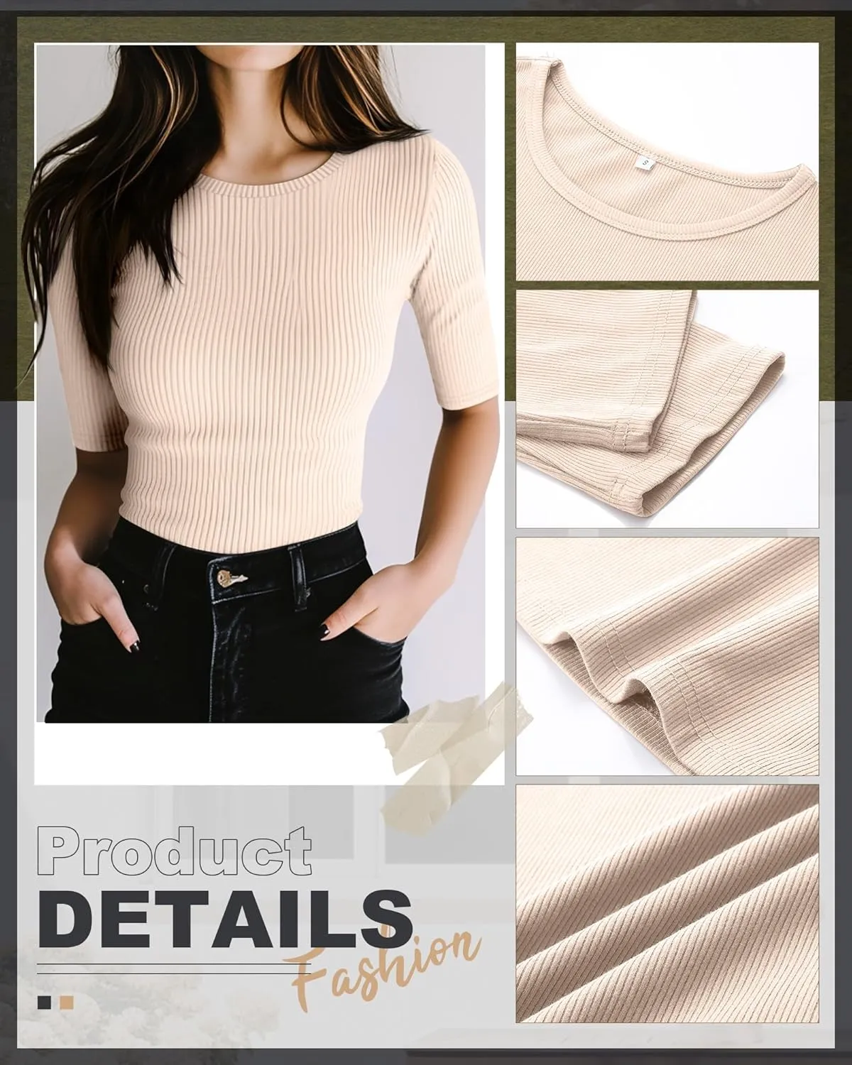 Riyiper 3 Pack Women's Half Sleeve Tops, Elbow Length Ribbed Cotton T Shirt Crew Neck Summer Tee Slim Fit Casual Blouses