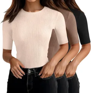 Riyiper 3 Pack Women's Half Sleeve Tops, Elbow Length Ribbed Cotton T Shirt Crew Neck Summer Tee Slim Fit Casual Blouses