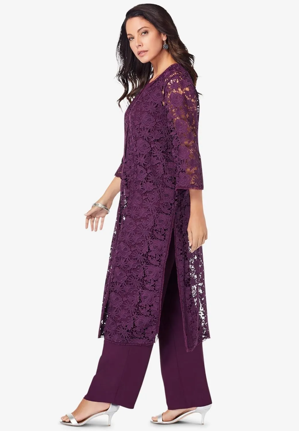 Roaman's Women's Plus Size Three-Piece Lace Duster & Pant Suit