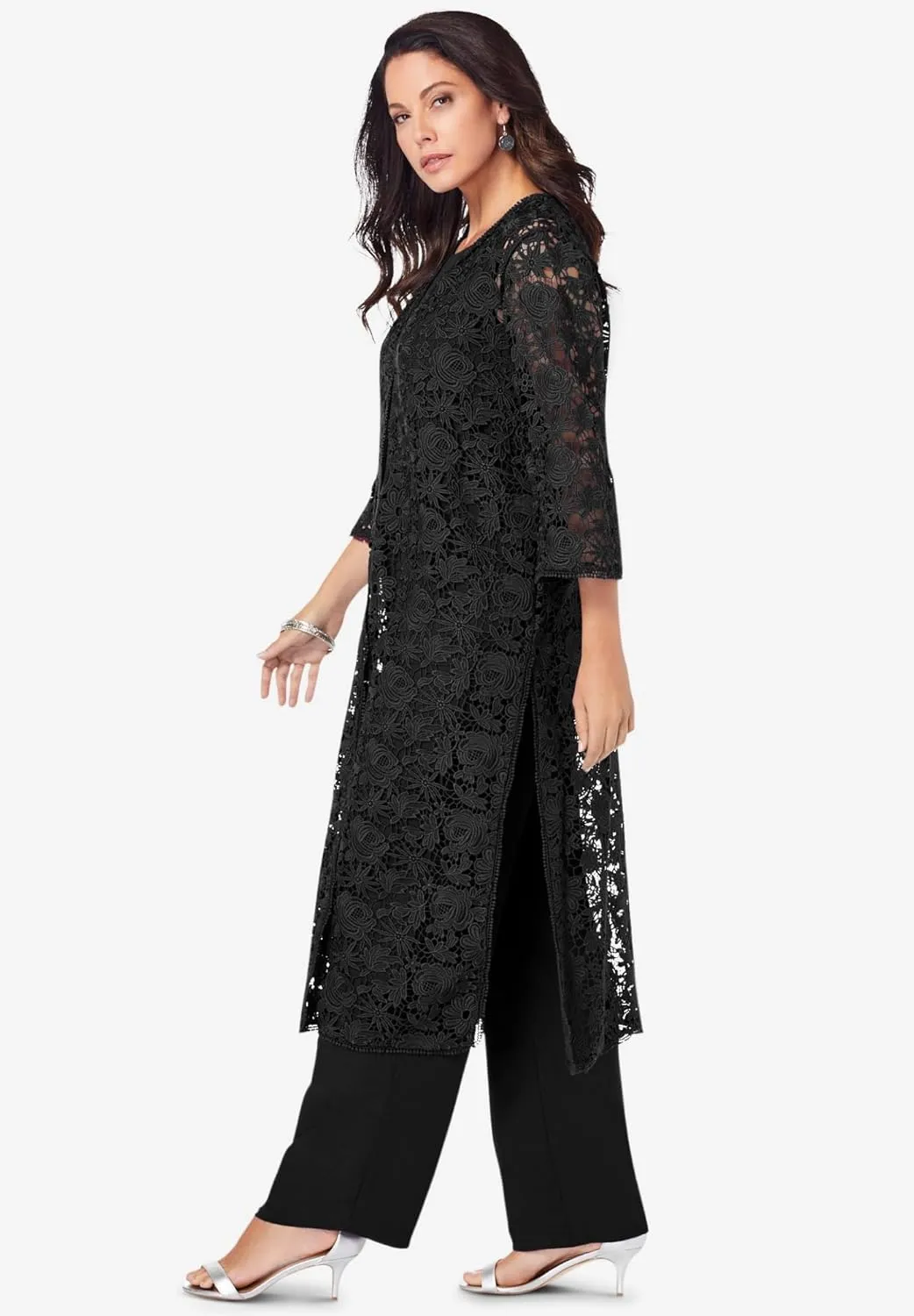 Roaman's Women's Plus Size Three-Piece Lace Duster & Pant Suit