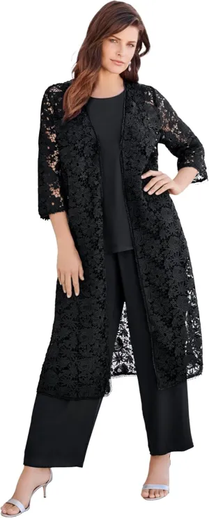 Roaman's Women's Plus Size Three-Piece Lace Duster & Pant Suit
