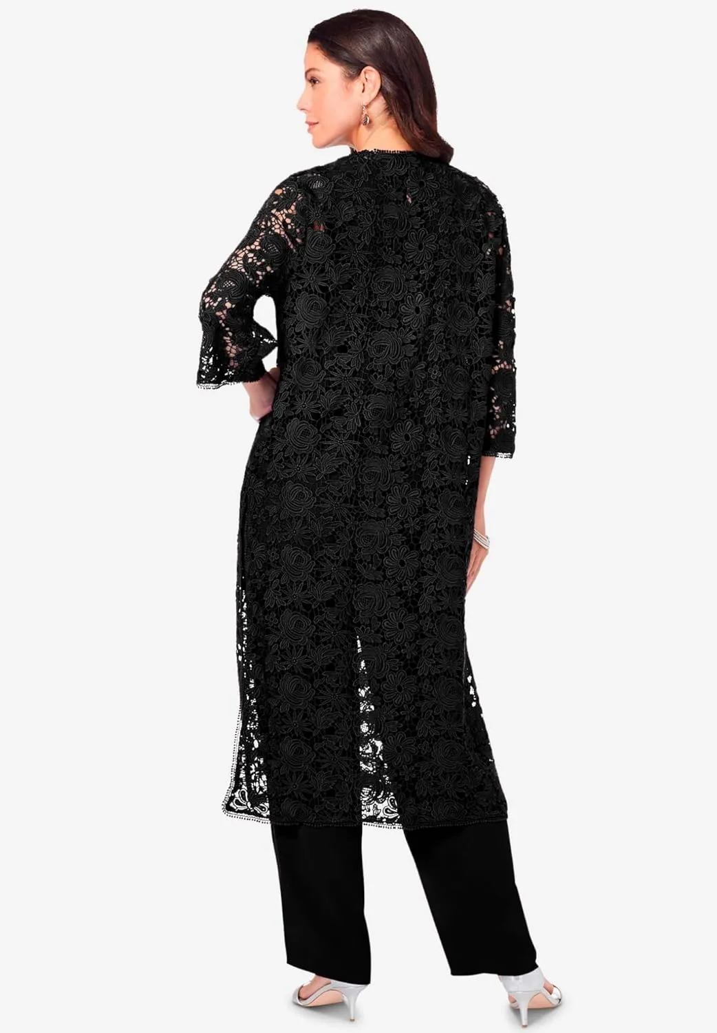 Roaman's Women's Plus Size Three-Piece Lace Duster & Pant Suit