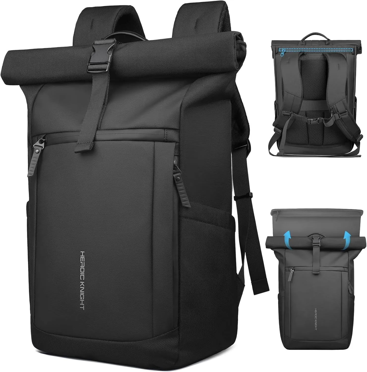 Rolltop Backpack with Laptop Compartment, Expandable Roll Top Backpack for 15.6 Inch Computer, Laptop Backpacks for Men and Women, Ideal for Travel Business Work College, Black