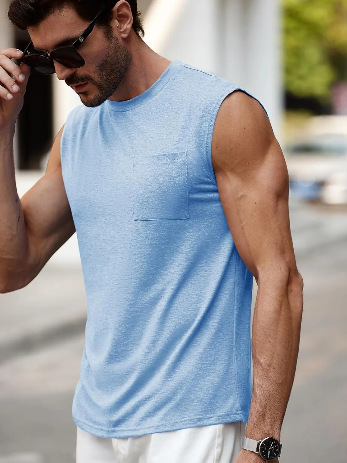 Runcati Mens Sleeveless Tank Tops Workout Cut Off Muscle Shirts Gym Casual Beach Summer Tee with Pocket