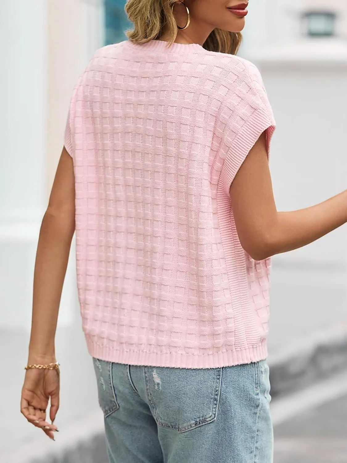 Saodimallsu Womens Cap Sleeve Sweater Tops Casual Crew Neck Sleeveless Loose Knit Summer Lightweight Pullover Top