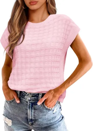 Saodimallsu Womens Cap Sleeve Sweater Tops Casual Crew Neck Sleeveless Loose Knit Summer Lightweight Pullover Top
