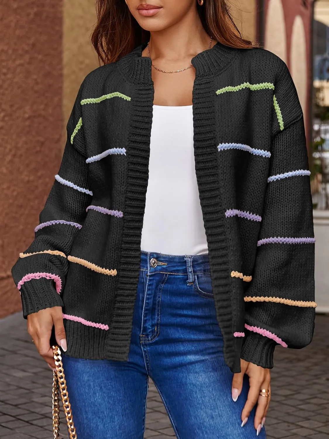 Saodimallsu Womens Color Block Cardigan Sweater Striped Open Front 2024 Fall Chunky Trendy Knit Loose Sweater Coats
