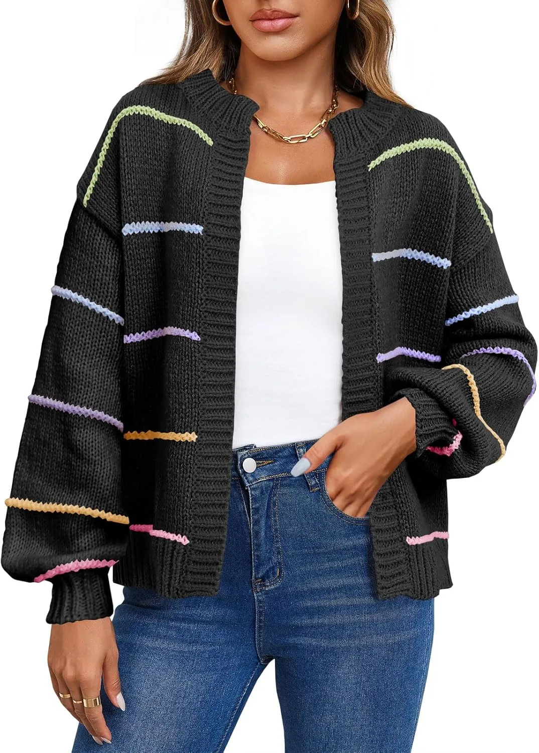 Saodimallsu Womens Color Block Cardigan Sweater Striped Open Front 2024 Fall Chunky Trendy Knit Loose Sweater Coats