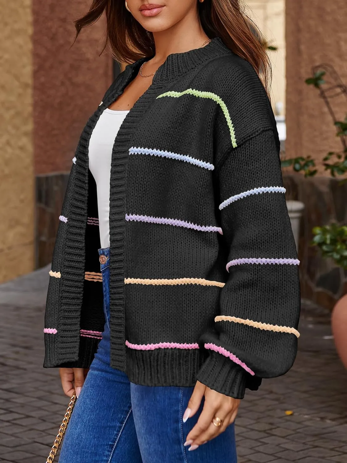 Saodimallsu Womens Color Block Cardigan Sweater Striped Open Front 2024 Fall Chunky Trendy Knit Loose Sweater Coats