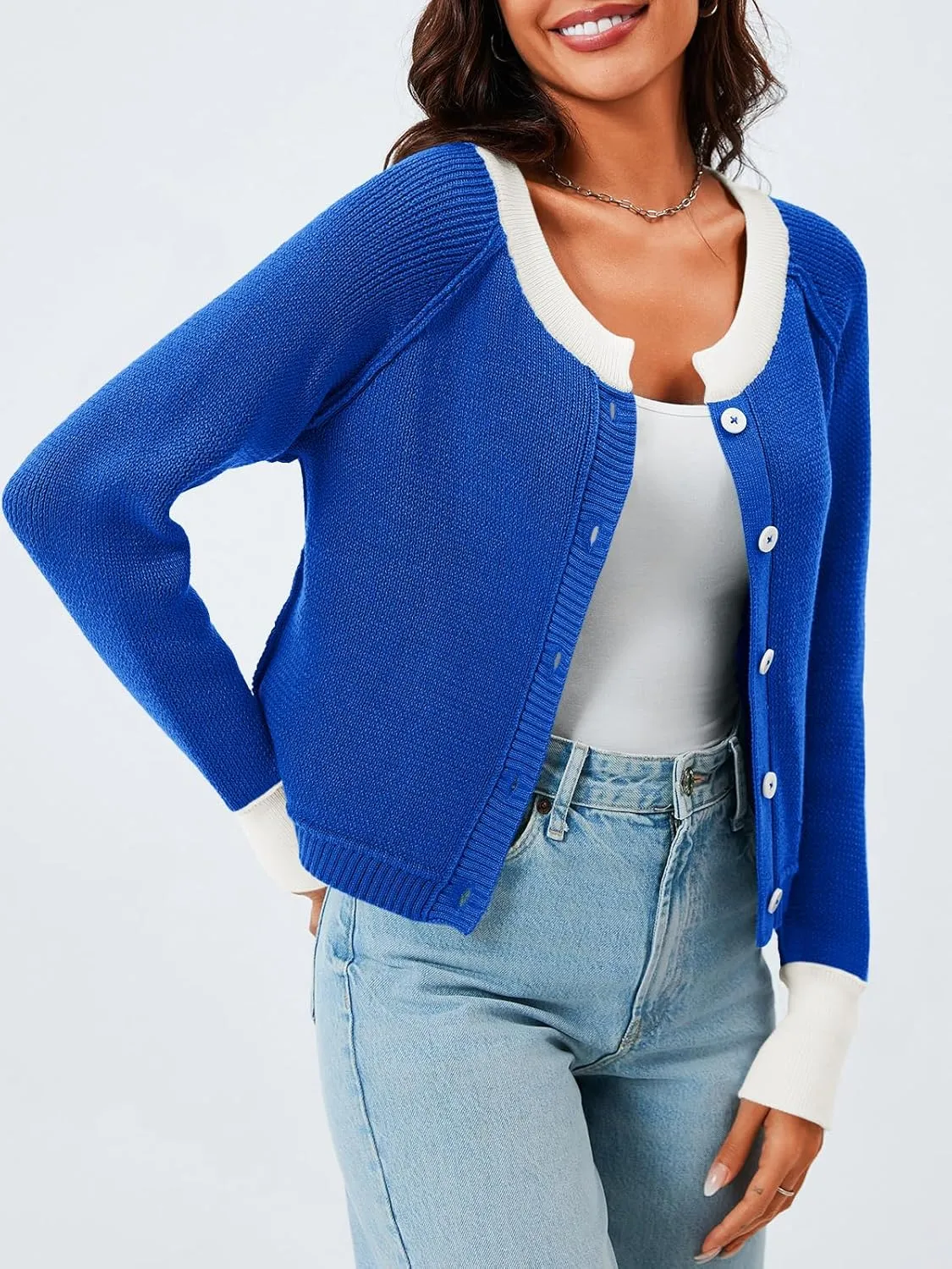 Saodimallsu Womens Cropped Cardigan Sweaters Button Down Open Front Long Sleeve Fall Trendy Color Block Knit Coats