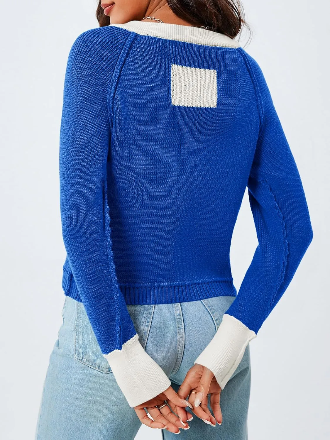Saodimallsu Womens Cropped Cardigan Sweaters Button Down Open Front Long Sleeve Fall Trendy Color Block Knit Coats