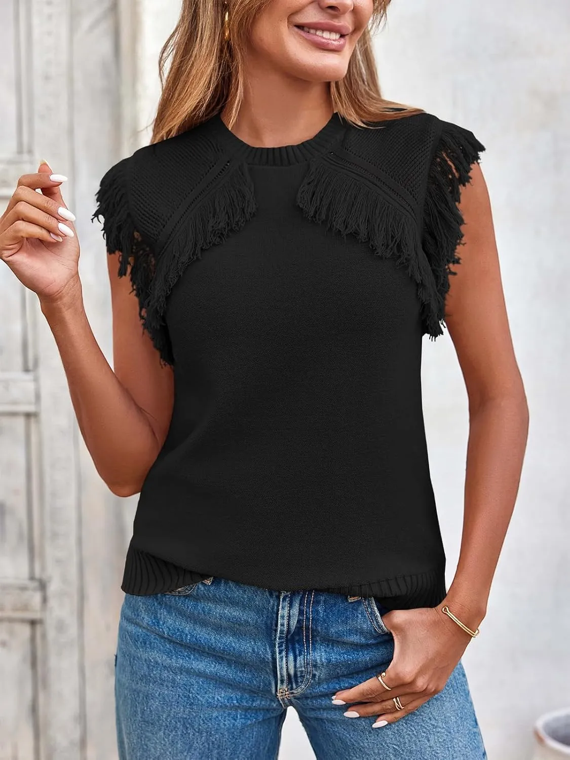 Saodimallsu Womens Sleeveless Sweater Vest Fringe Cap Sleeve Western Boho Trendy Crew Neck Pullover Knit Tops