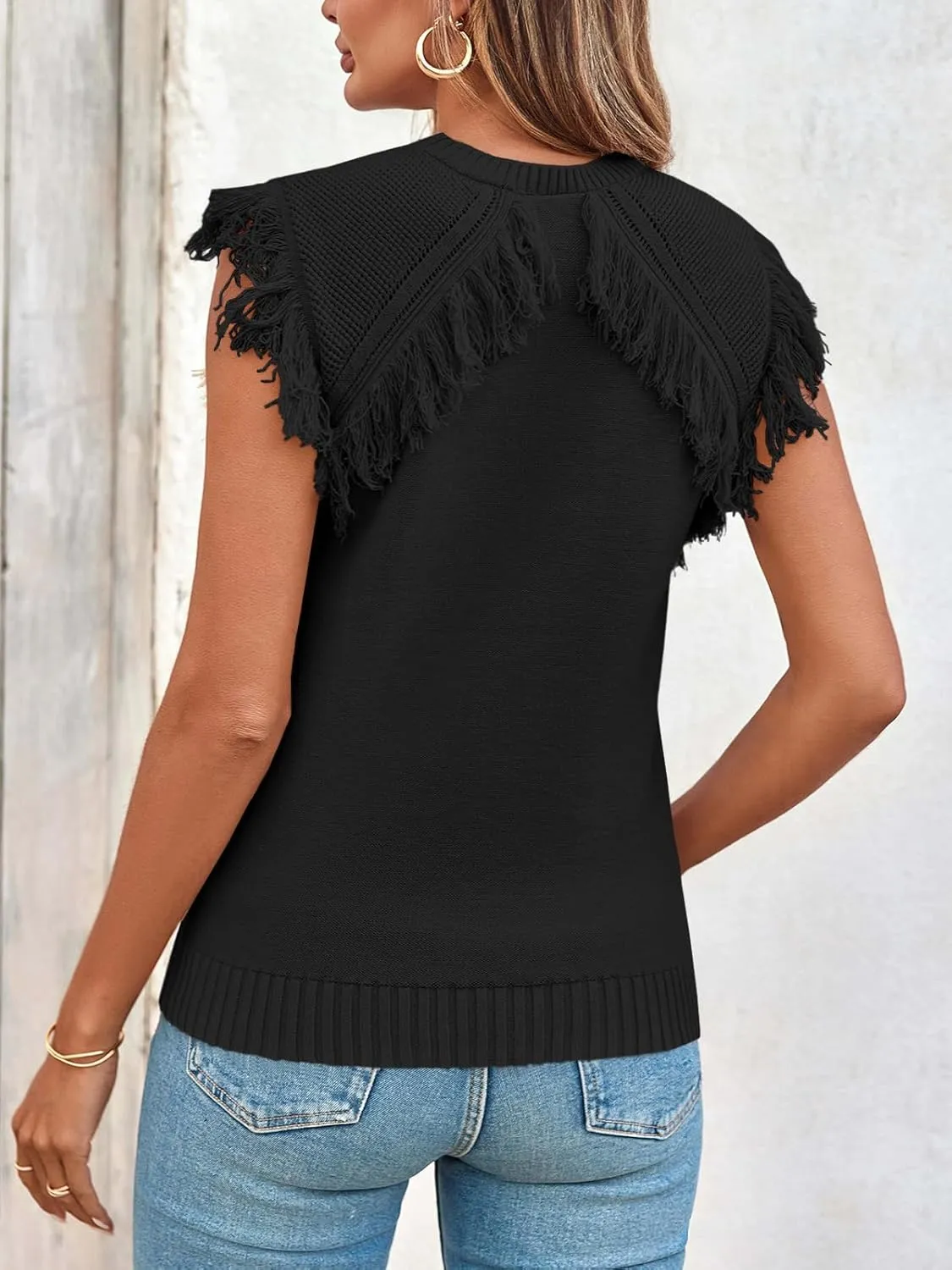 Saodimallsu Womens Sleeveless Sweater Vest Fringe Cap Sleeve Western Boho Trendy Crew Neck Pullover Knit Tops