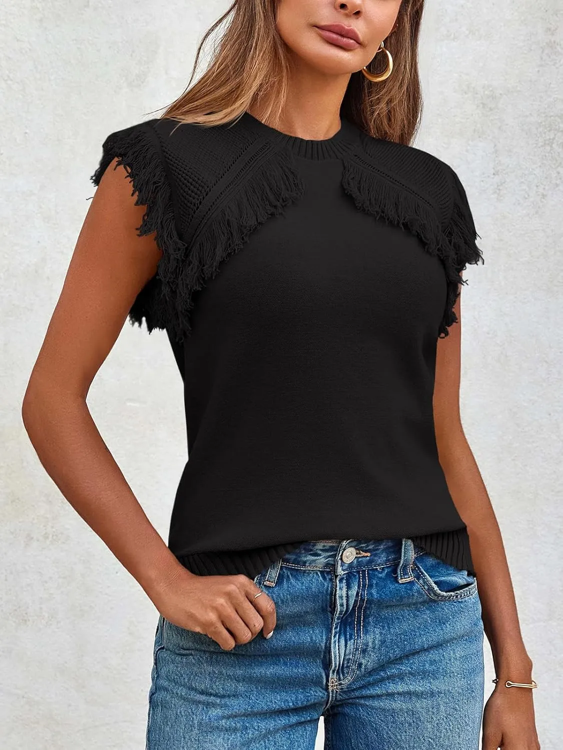Saodimallsu Womens Sleeveless Sweater Vest Fringe Cap Sleeve Western Boho Trendy Crew Neck Pullover Knit Tops
