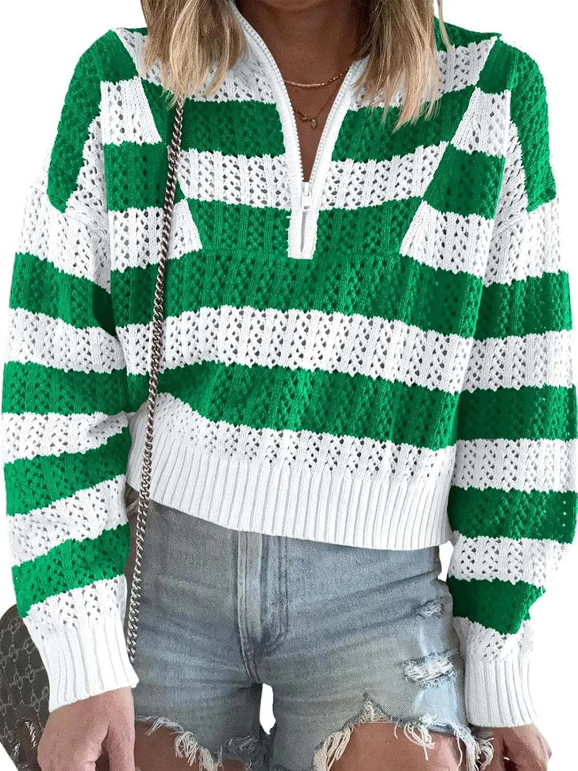 Saodimallsu Womens Striped Crochet Sweaters Half Zip Cropped V Neck Color Block Loose Knit Pullover Tops