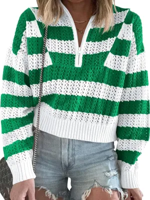 Saodimallsu Womens Striped Crochet Sweaters Half Zip Cropped V Neck Color Block Loose Knit Pullover Tops