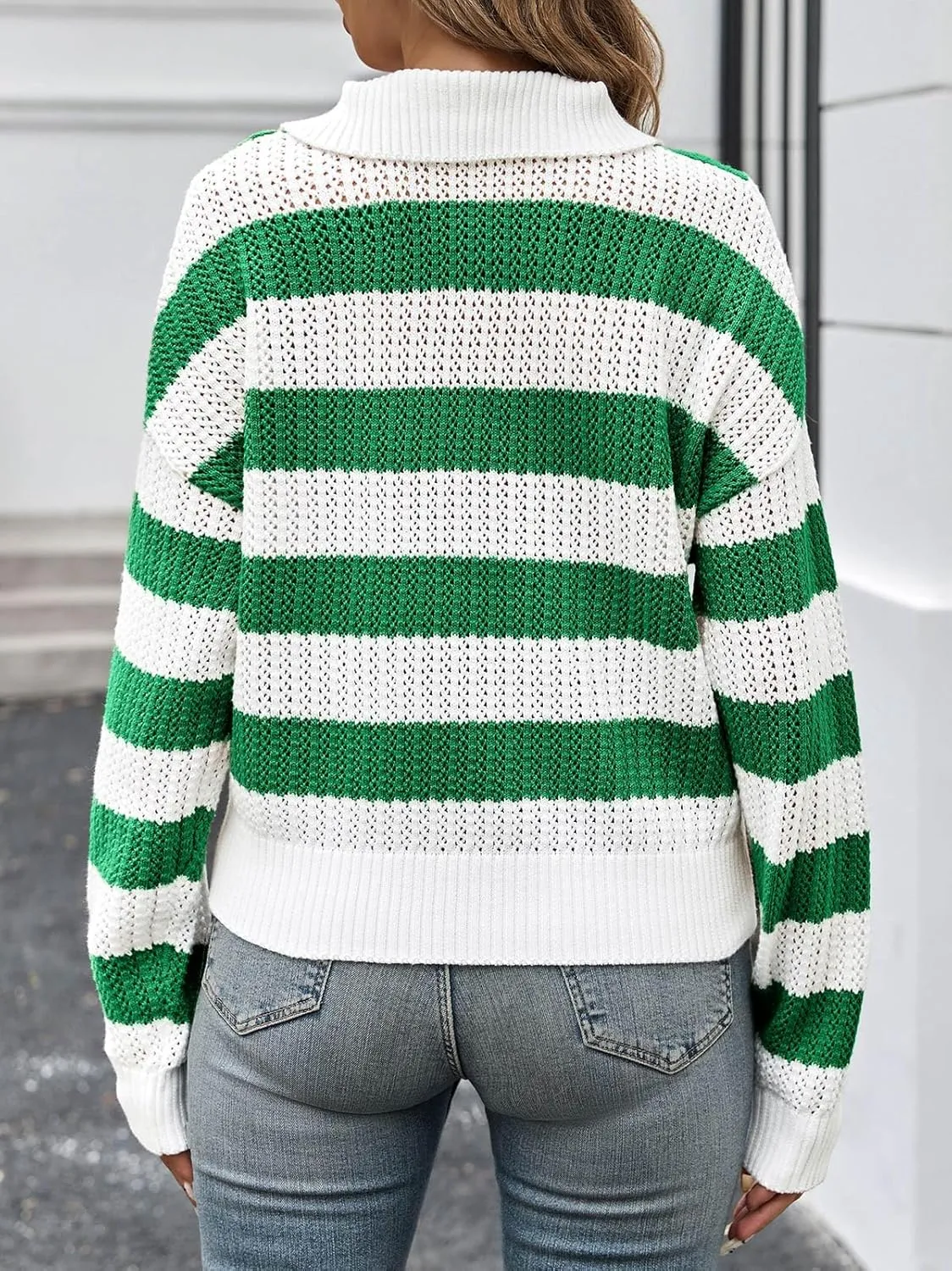 Saodimallsu Womens Striped Crochet Sweaters Half Zip Cropped V Neck Color Block Loose Knit Pullover Tops