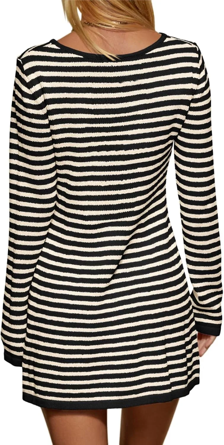 Saodimallsu Womens Striped Pullover Sweater Crew Neck Fall Long Sleeve Trendy Casual Ribbed Knit Tunic Mini Dress