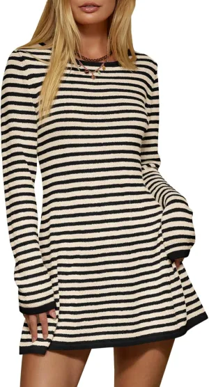 Saodimallsu Womens Striped Pullover Sweater Crew Neck Fall Long Sleeve Trendy Casual Ribbed Knit Tunic Mini Dress