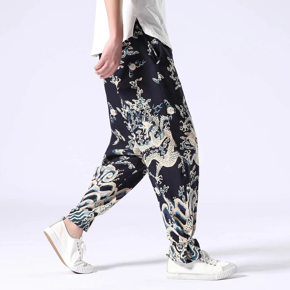 Seidarise Men's Harem Pants Dragon Wide Leg Harem Jogger Balloon Pants Genie Casual Yoga Aladdin Pants