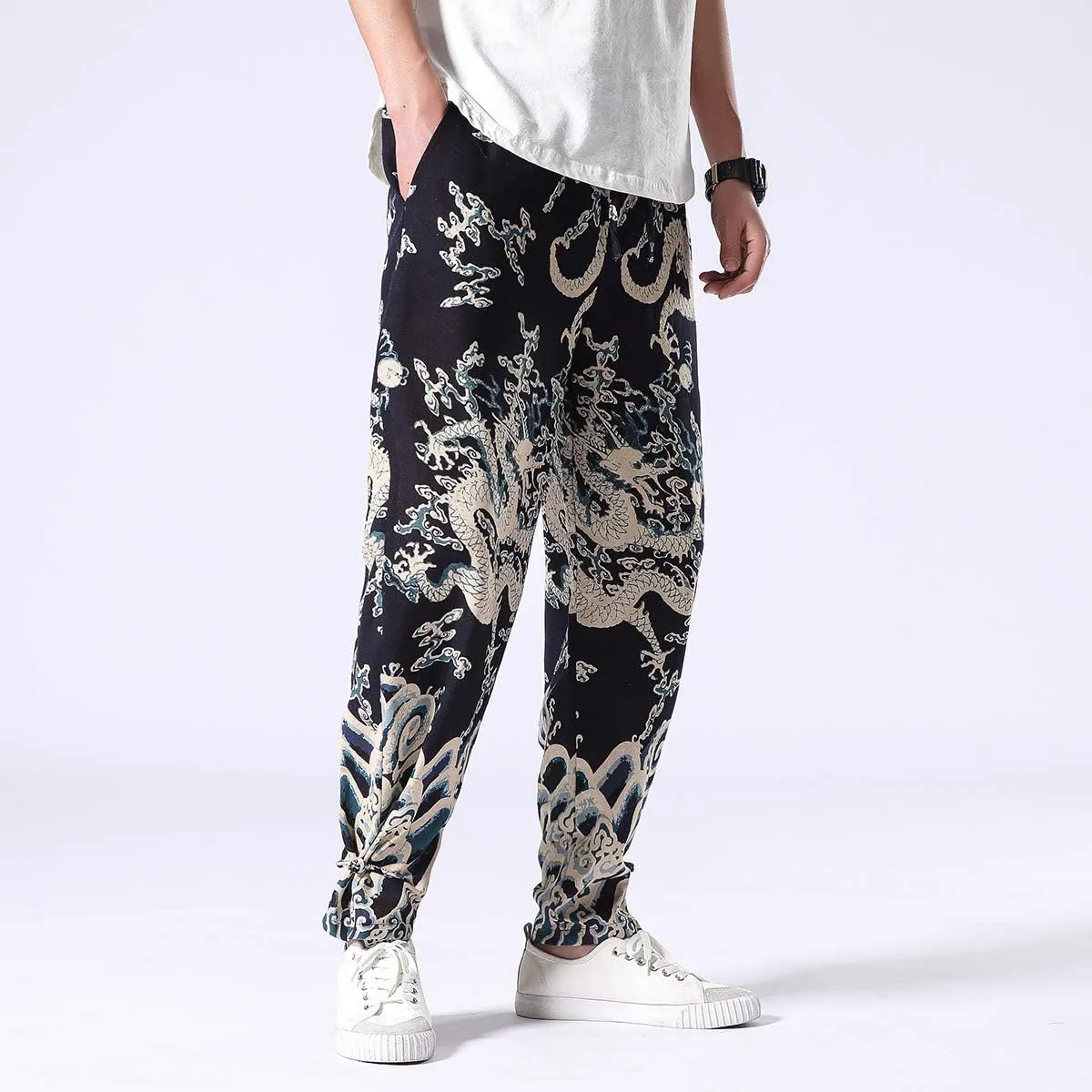 Seidarise Men's Harem Pants Dragon Wide Leg Harem Jogger Balloon Pants Genie Casual Yoga Aladdin Pants