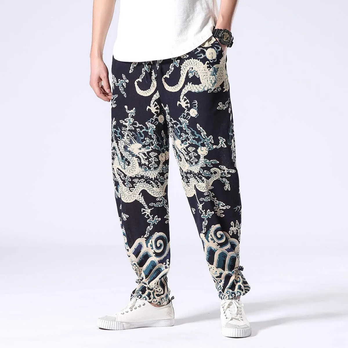 Seidarise Men's Harem Pants Dragon Wide Leg Harem Jogger Balloon Pants Genie Casual Yoga Aladdin Pants