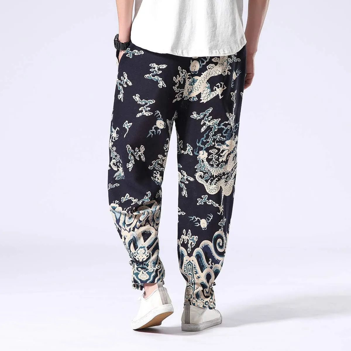 Seidarise Men's Harem Pants Dragon Wide Leg Harem Jogger Balloon Pants Genie Casual Yoga Aladdin Pants