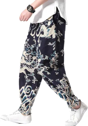 Seidarise Men's Harem Pants Dragon Wide Leg Harem Jogger Balloon Pants Genie Casual Yoga Aladdin Pants