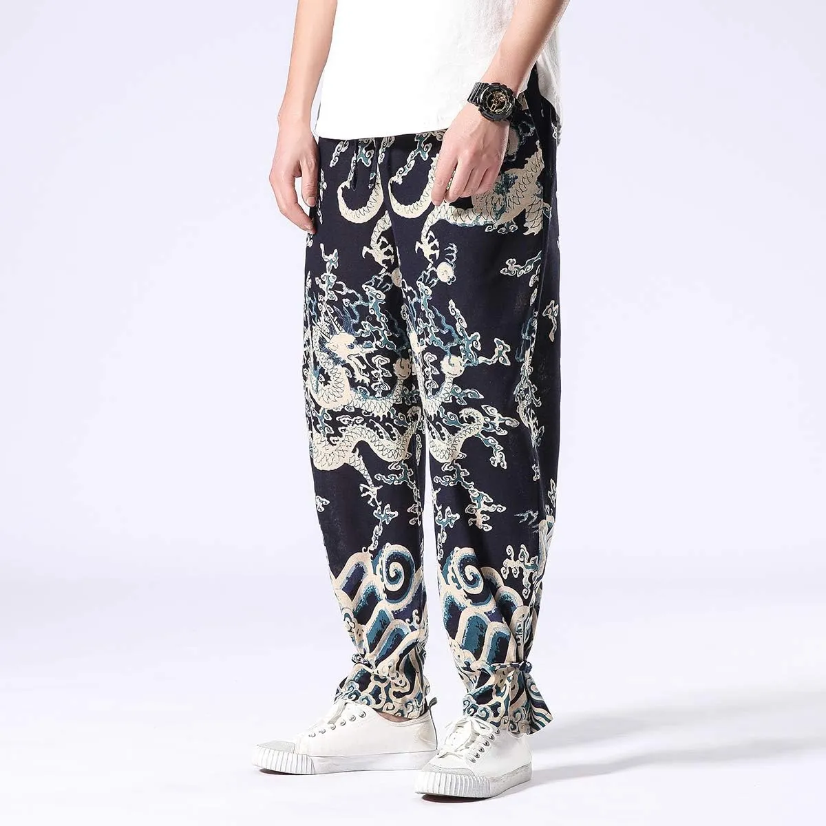 Seidarise Men's Harem Pants Dragon Wide Leg Harem Jogger Balloon Pants Genie Casual Yoga Aladdin Pants