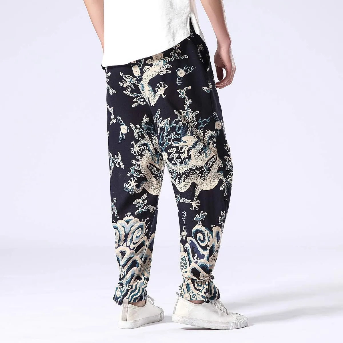 Seidarise Men's Harem Pants Dragon Wide Leg Harem Jogger Balloon Pants Genie Casual Yoga Aladdin Pants